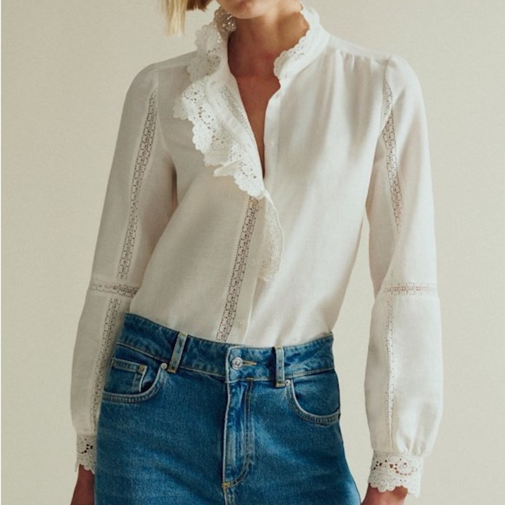 Sezane Chlo Ecru Crochet Shirt Blouse - Picture 3 of 6